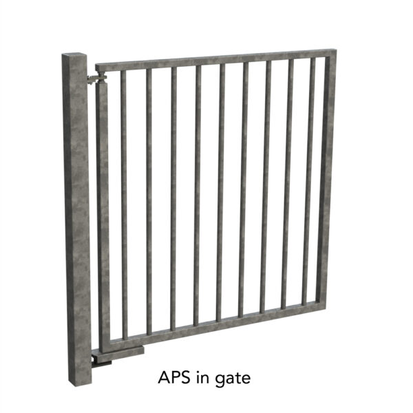 Grey metal gate with hydraulic gate closer on bottom and pivoting top hinge. Text below: "APS in gate"