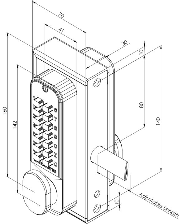 Technical drawing of double sided keypad lock with latch and thumbturn handles