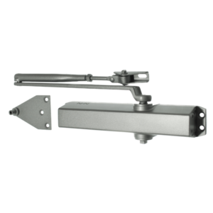 Automatic door closer with closing mechanism attached to closing arm above it. On left side, a fixing bracket with three fixing holes