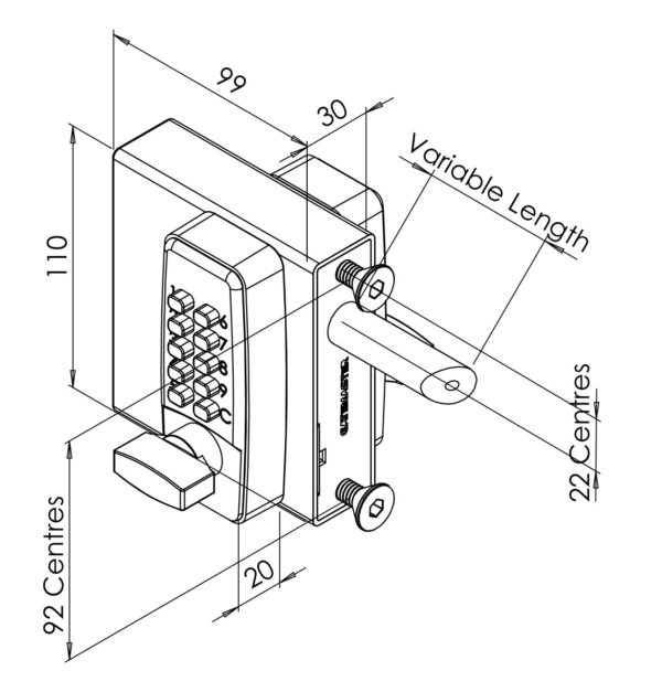 Technical drawing of digital gate lock with keypad on both sides