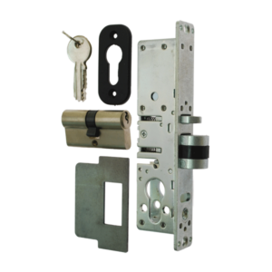 Disassembled narrow autolocking deadlock and latch lock showing lock mechanism, escutcheon, euro-cylinder, strike plate and keys