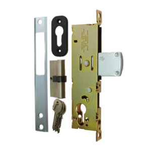 Mortice narrow deadlock kit showing (from the right to left) the lock mechanism, escutcheon, euro cylinder, set of three keys and keep plate