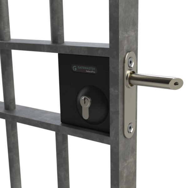 Long throw keylatch bolt on lock installed in grey steel gate. Lock has key cylinder and long latch on right through gate frame