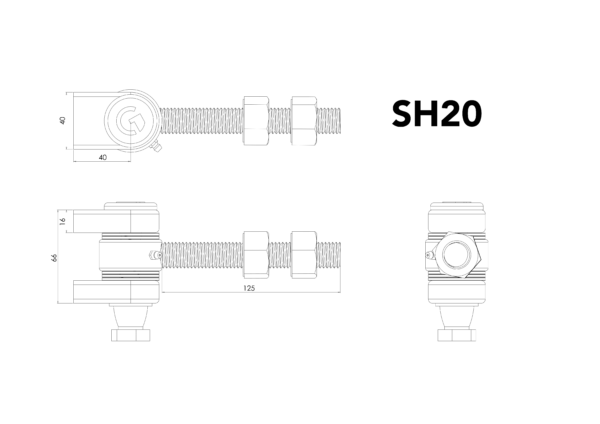 Technical drawing of heavy duty hinges with long threaded bolt. Three drawings showing top of hinge, sideview and back view. Text "SH20" in top right corner
