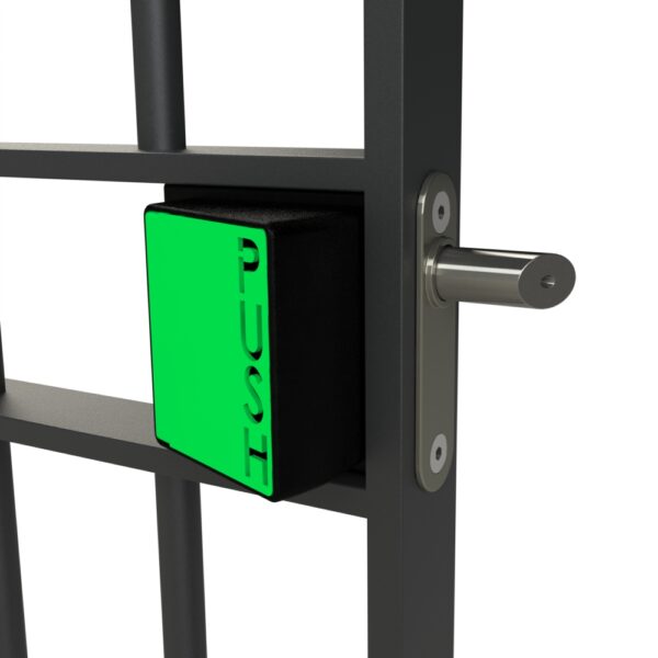 Exterior gate lock with green panic push pad secured to metal box section gate