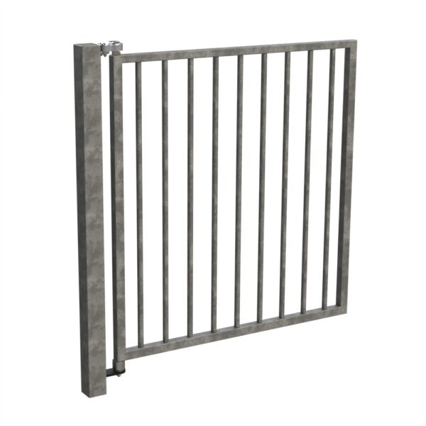 Metal single gate leaf with stop hinge and bottom pivot installed