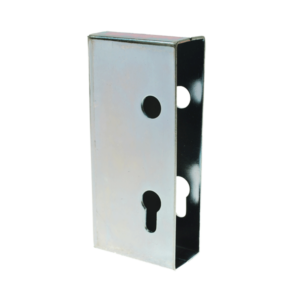 Rectangular metal weld in box for hook lock. Box has hole for key cylinder at bottom and round hole further up for handles